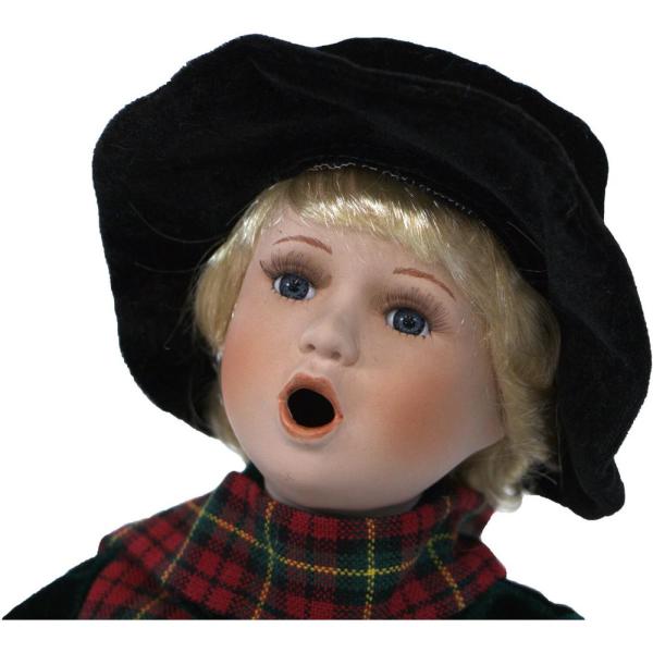 20 in. Christmas Victorian Boy Caroler with Green Velvet Coat, Music and Motion