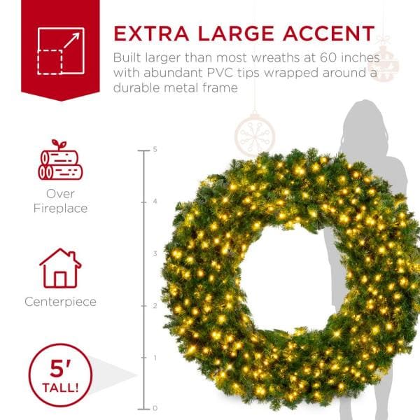 60 in. Pre-Lit LED Spruce Artificial Christmas Wreath with 300-Lights