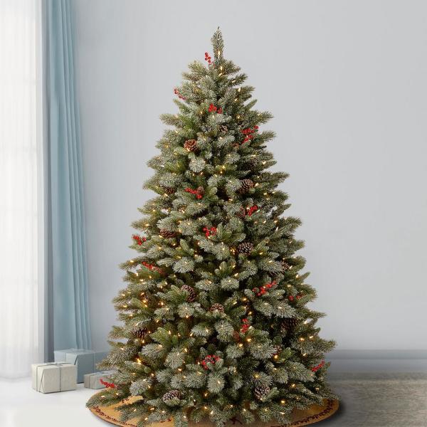 7-1/2 ft. Feel Real Snowy Bristle Berry Hinged Tree with Red Berries, Mixed Cones and 700 Dual Color LED Lights and Pow
