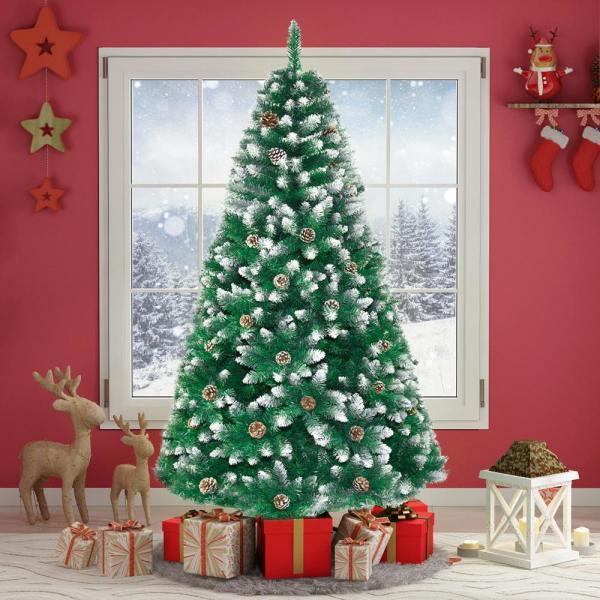 6 ft. Artificial Christmas Tree 800 Tips Flocked Snow Trees Pine Cone Decoration Unlit with Foldable Stand