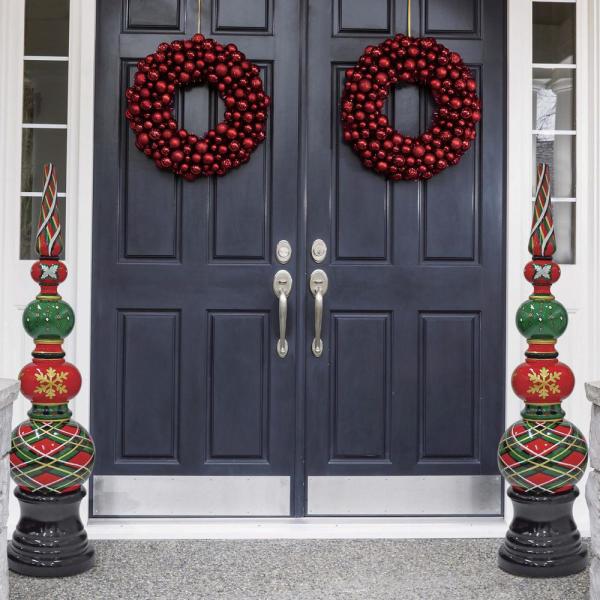 52 in. H. Green Plaid Holiday Topiary with Pedestal Base in Composite