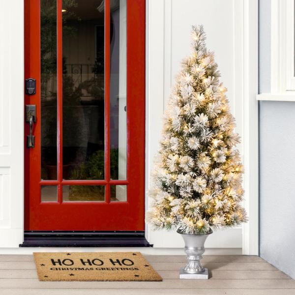 5 ft. Pre-Lit Snow Flocked Pine Artificial Christmas Tree with 150 Warm White Lights (2-Pack)