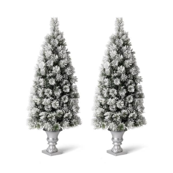 5 ft. Pre-Lit Snow Flocked Pine Artificial Christmas Tree with 150 Warm White Lights (2-Pack)