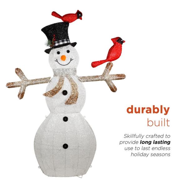 74 in. Tall Mesh Snowman Decor with Red Birds and Cool White LED Lights