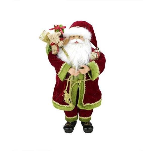 24 in. Grand Imperial Red Green and Gold Standing Santa Claus Christmas Figure with Gift Bag