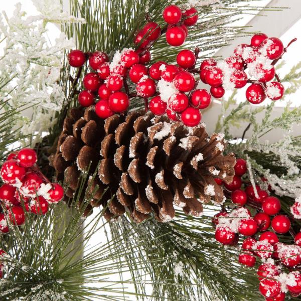 24 in. Dia Flocked Pinecone and Berry Wreath with Wooden Window Frame