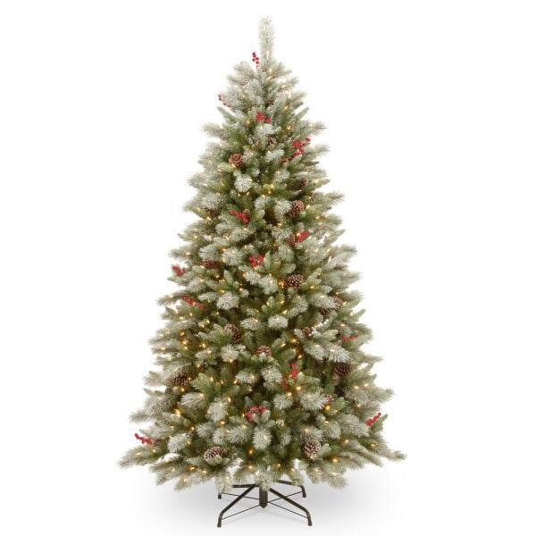7-1/2 ft. Feel Real Snowy Bristle Berry Hinged Tree with Red Berries, Mixed Cones and 700 Dual Color LED Lights and Pow