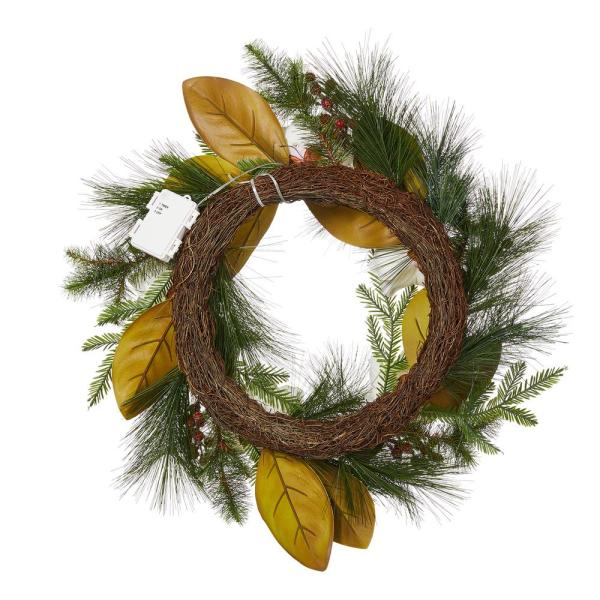 24 in. D Iced Magnolia Berry Pine Artificial Christmas Wreath With Lights