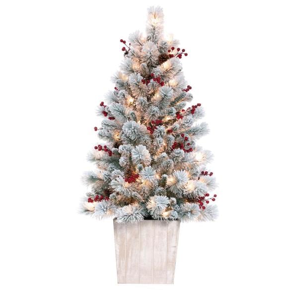 4 ft. Pre-Lit Incandescent Frosted Asheville Fir Potted Artificial Tree with 100 Clear Lights