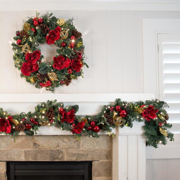 30 in. Pre-Lit LED Red Magnolia Wreath