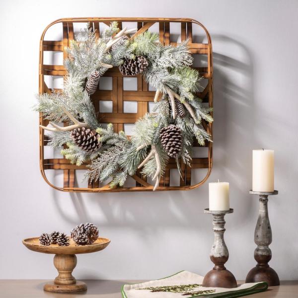 24 in. Dia Flocked Pinecone and Antler Wreath with Bamboo Tobacco Basket