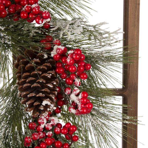 24 in. Unlit Flocked Pinecone and Berry Wreath with Wooden Window Frame