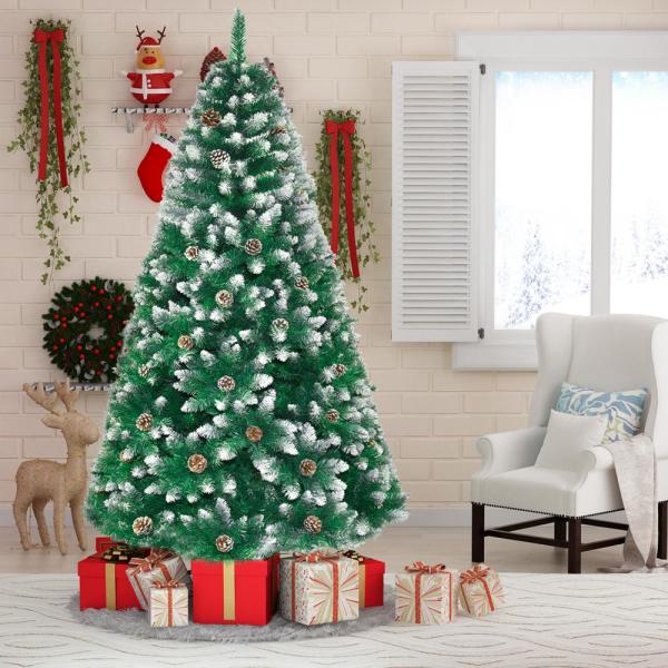 6 ft. Artificial Christmas Tree 800 Tips Flocked Snow Trees Pine Cone Decoration Unlit with Foldable Stand