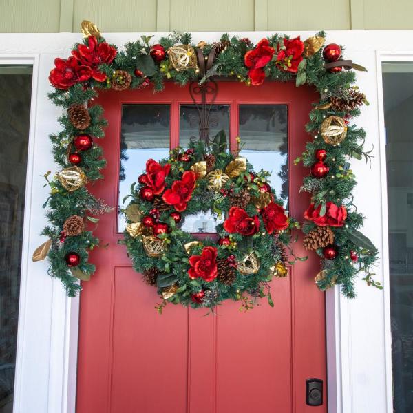 30 in. Pre-Lit LED Red Magnolia Wreath
