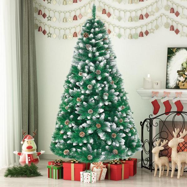 6 ft. Artificial Christmas Tree 800 Tips Flocked Snow Trees Pine Cone Decoration Unlit with Foldable Stand