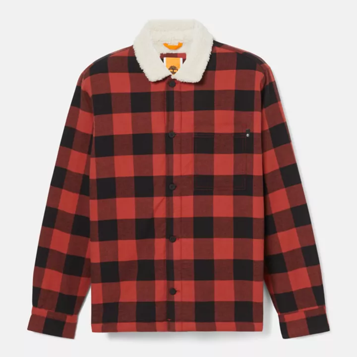 Buffalo Plaid High Pile Fleece-lined Overshirt for Men in Red