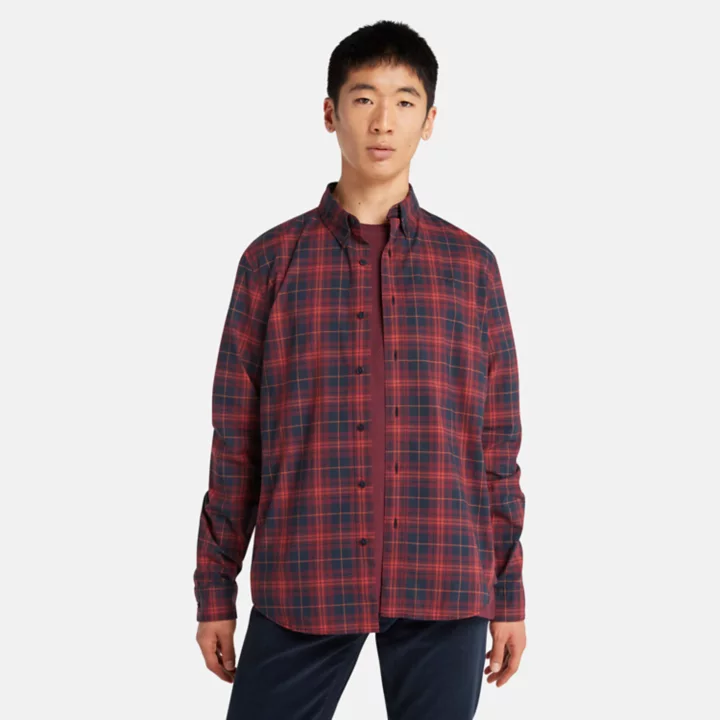 Stretch Poplin Tartan Shirt for Men in Burgundy