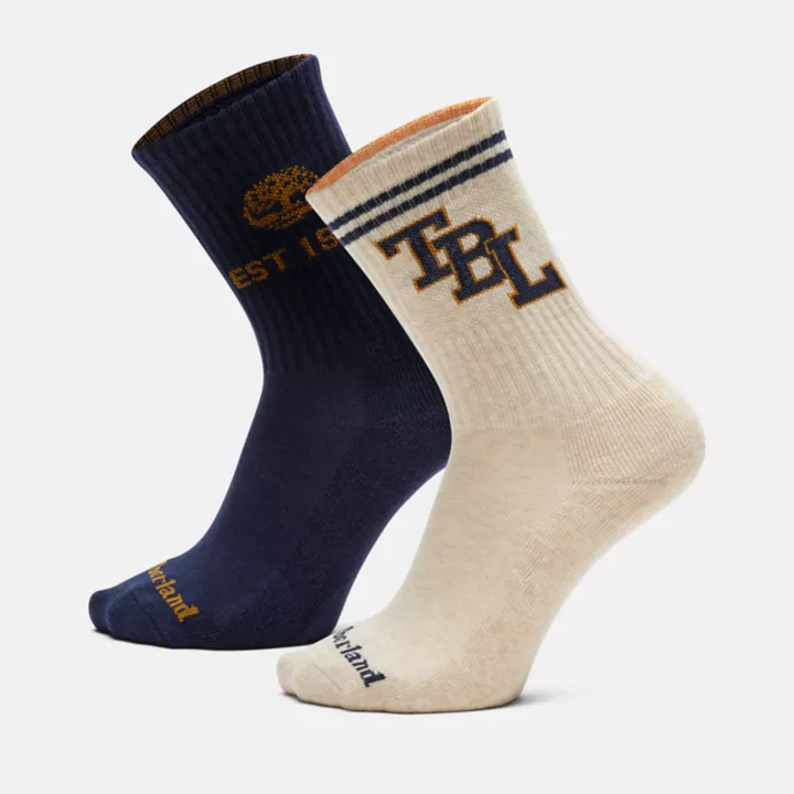 All Gender 2 Pack Throwback Lock-Up Crew Socks in Navy/Beige