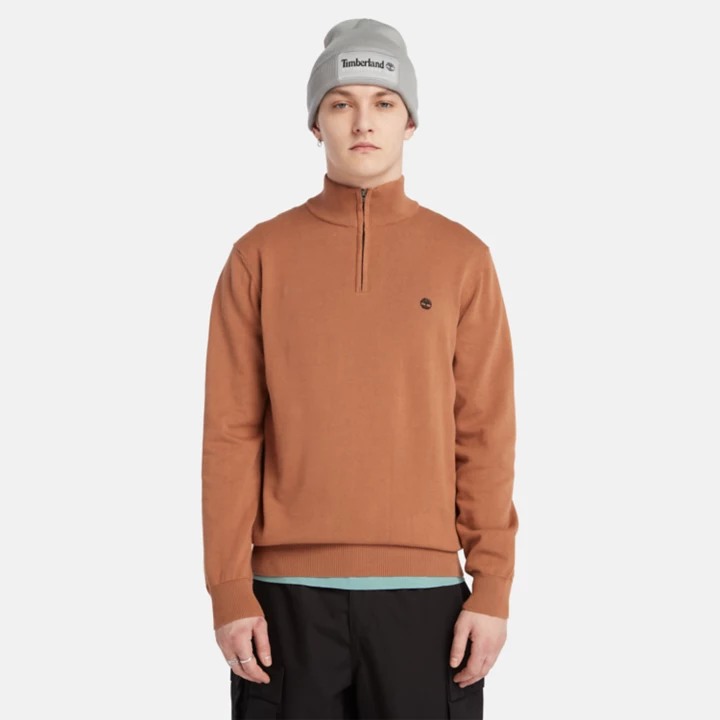 Williams River Quarter-Zip Cotton Jumper for Men in Brown