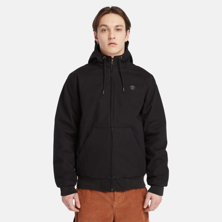 Insulated Canvas Hooded Bomber Jacket for Men in Black