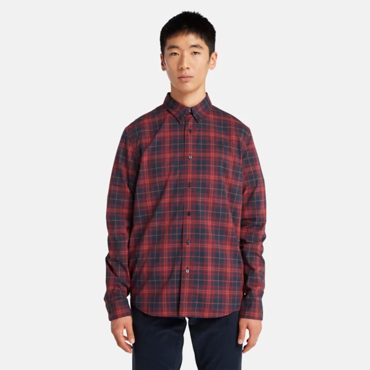 Stretch Poplin Tartan Shirt for Men in Burgundy