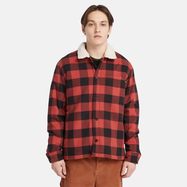 Buffalo Plaid High Pile Fleece-lined Overshirt for Men in Red