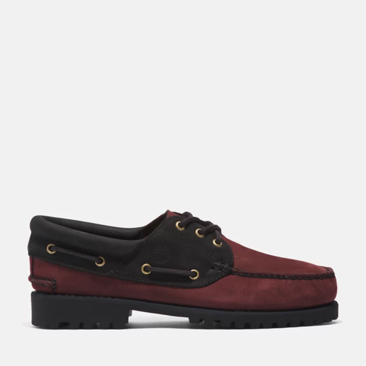 3-Eye Lug Handsewn Boat Shoe for Men in Burgundy and Black