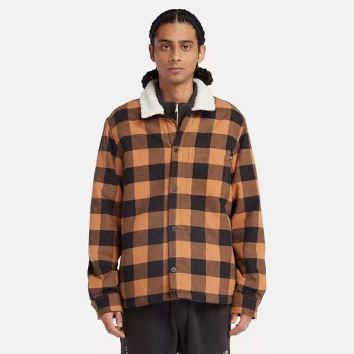 Buffalo Plaid High Pile Fleece-lined Overshirt for Men in Dark Yellow
