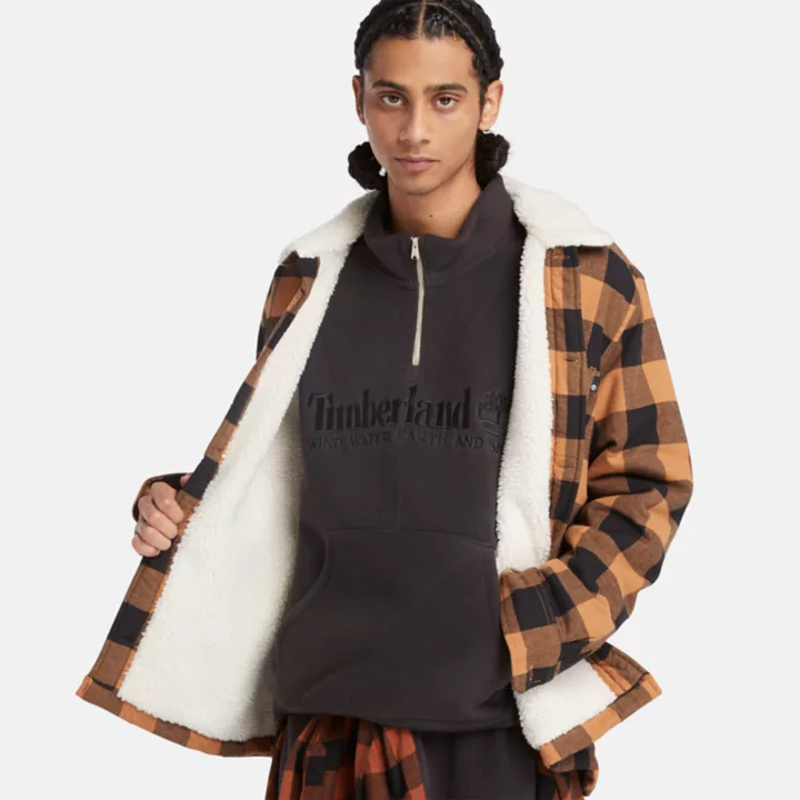 Buffalo Plaid High Pile Fleece-lined Overshirt for Men in Dark Yellow