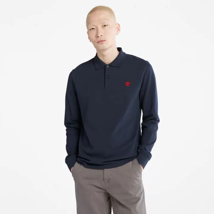 Millers River Long-Sleeve Pique Polo Shirt for Men in Navy