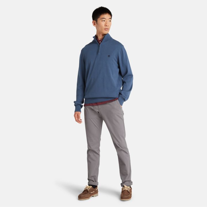 Williams River Quarter-Zip Cotton Jumper for Men in Blue