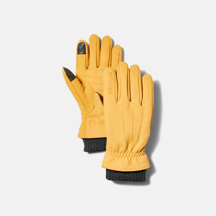 Sweater-Cuff Leather Gloves for Men in Yellow