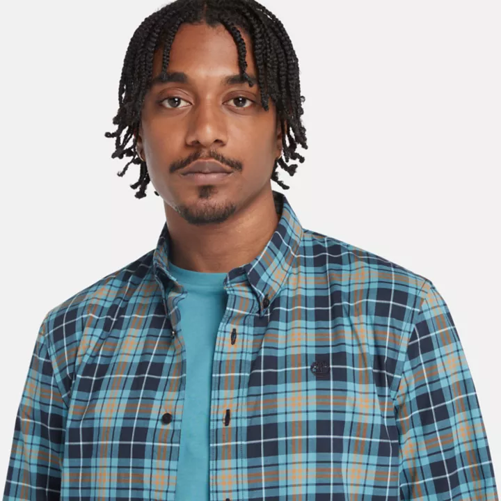 Stretch Poplin Tartan Shirt for Men in Blue