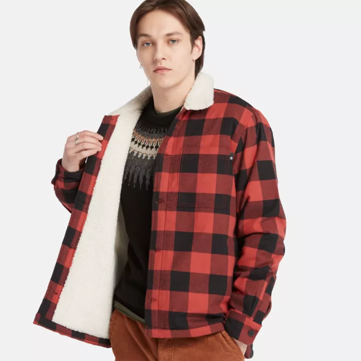 Buffalo Plaid High Pile Fleece-lined Overshirt for Men in Red