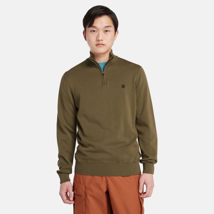 Williams River Quarter-Zip Cotton Jumper for Men in Dark Green