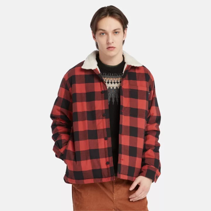 Buffalo Plaid High Pile Fleece-lined Overshirt for Men in Red