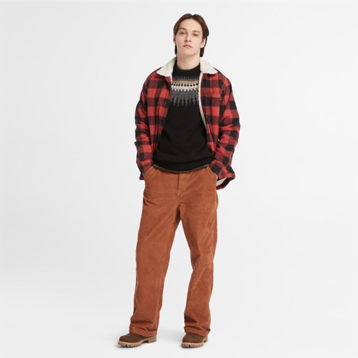 Buffalo Plaid High Pile Fleece-lined Overshirt for Men in Red