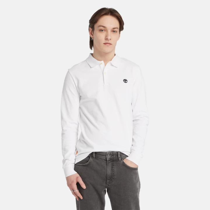 Millers River Long-Sleeve Pique Polo Shirt for Men in White