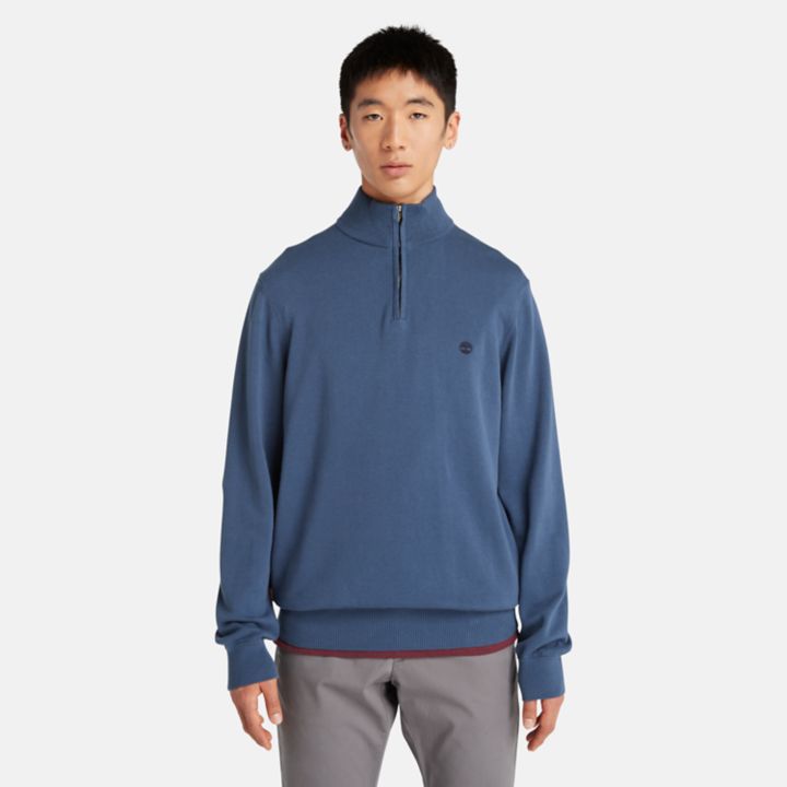 Williams River Quarter-Zip Cotton Jumper for Men in Blue