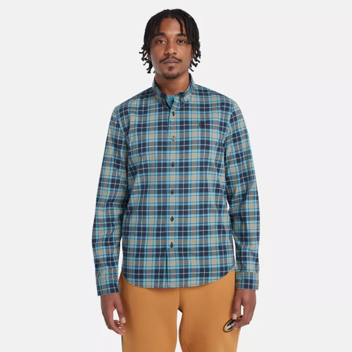 Stretch Poplin Tartan Shirt for Men in Blue
