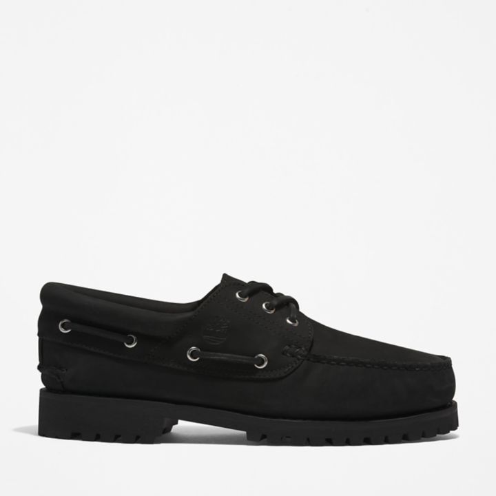 3-Eye Lug Handsewn Boat Shoe for Men in Black