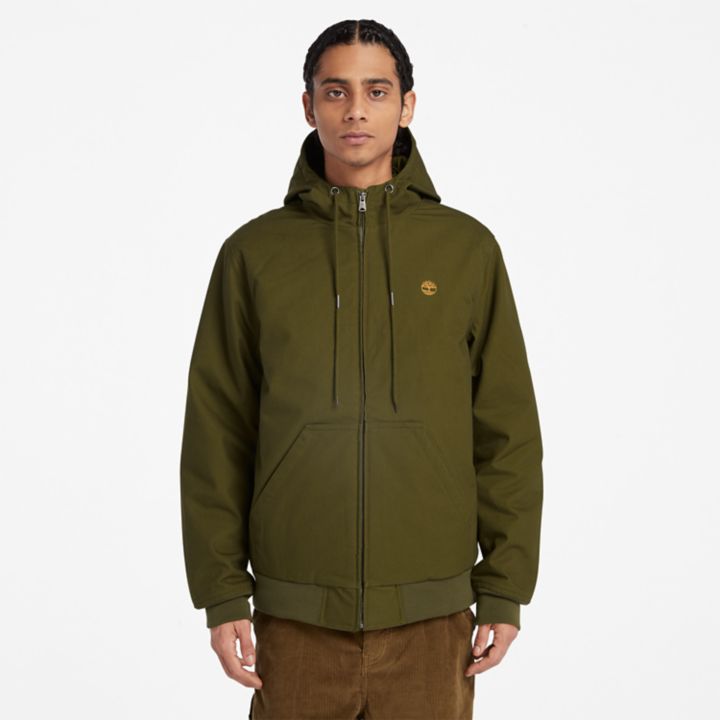 Insulated Canvas Hooded Bomber Jacket for Men in Green