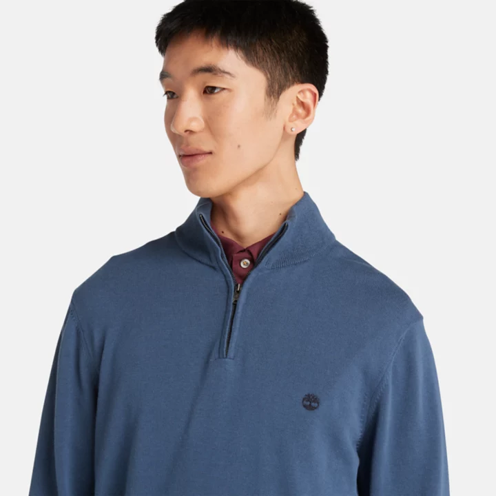 Williams River Quarter-Zip Cotton Jumper for Men in Blue
