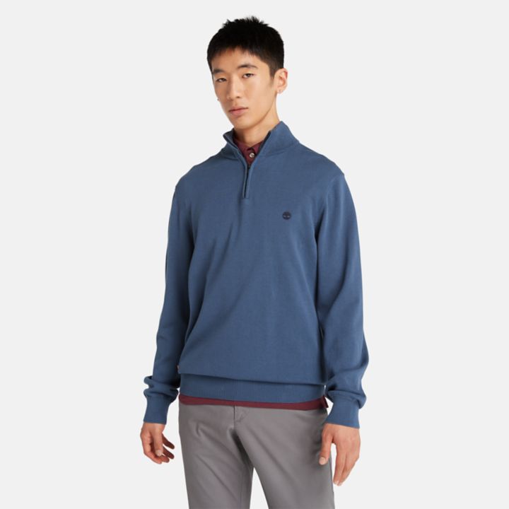 Williams River Quarter-Zip Cotton Jumper for Men in Blue