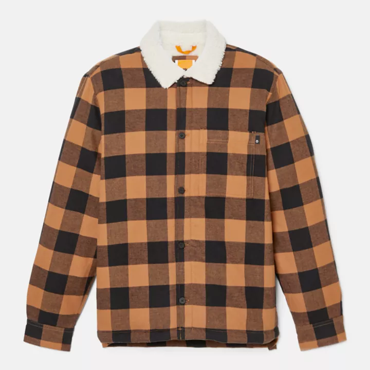 Buffalo Plaid High Pile Fleece-lined Overshirt for Men in Dark Yellow