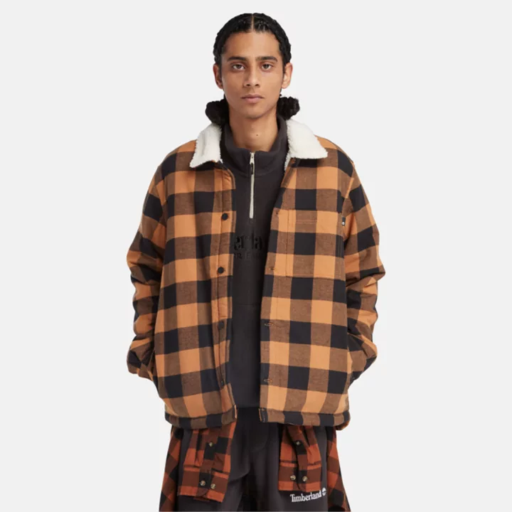 Buffalo Plaid High Pile Fleece-lined Overshirt for Men in Dark Yellow