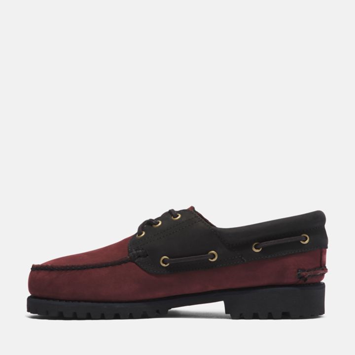 3-Eye Lug Handsewn Boat Shoe for Men in Burgundy and Black
