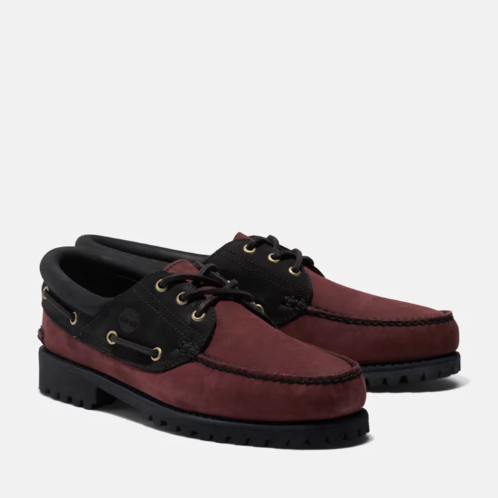 3-Eye Lug Handsewn Boat Shoe for Men in Burgundy and Black