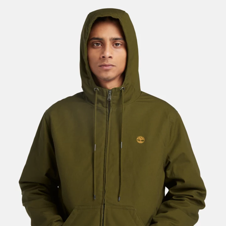 Insulated Canvas Hooded Bomber Jacket for Men in Green