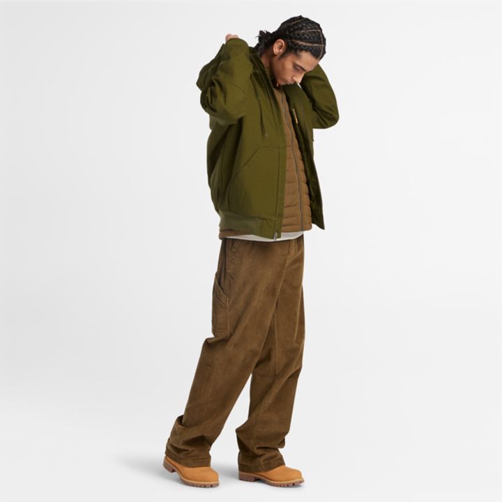 Insulated Canvas Hooded Bomber Jacket for Men in Green